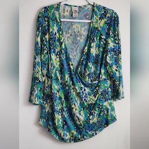 Just My Size Stretch Knit Draped V-neck 3/4 Sleeve Blue Watercolor Career Top 2X